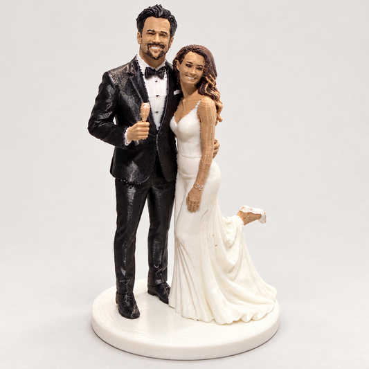 Custom printed wedding couple, front view; AI-edited background and lighting.